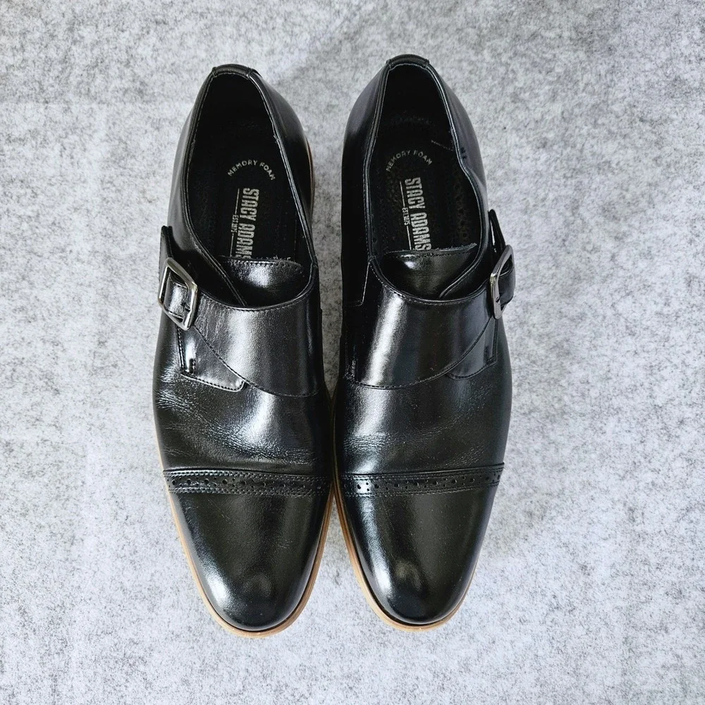Stacy Adams Mens Black Desmond Cap Toe Monk Strap  Brogue Dress Shoes 10.5